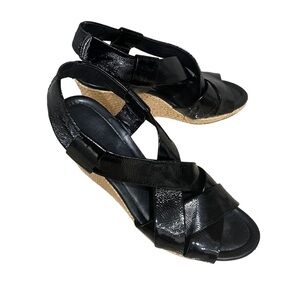 Cole Haan Air Dinah Women's 9.5B Black Patent Leather Criss Cross Wedge Sandals
